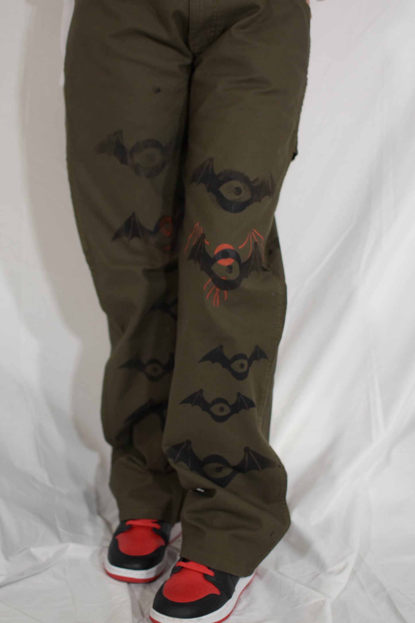 Olive green dickies screen printed eye bat pants