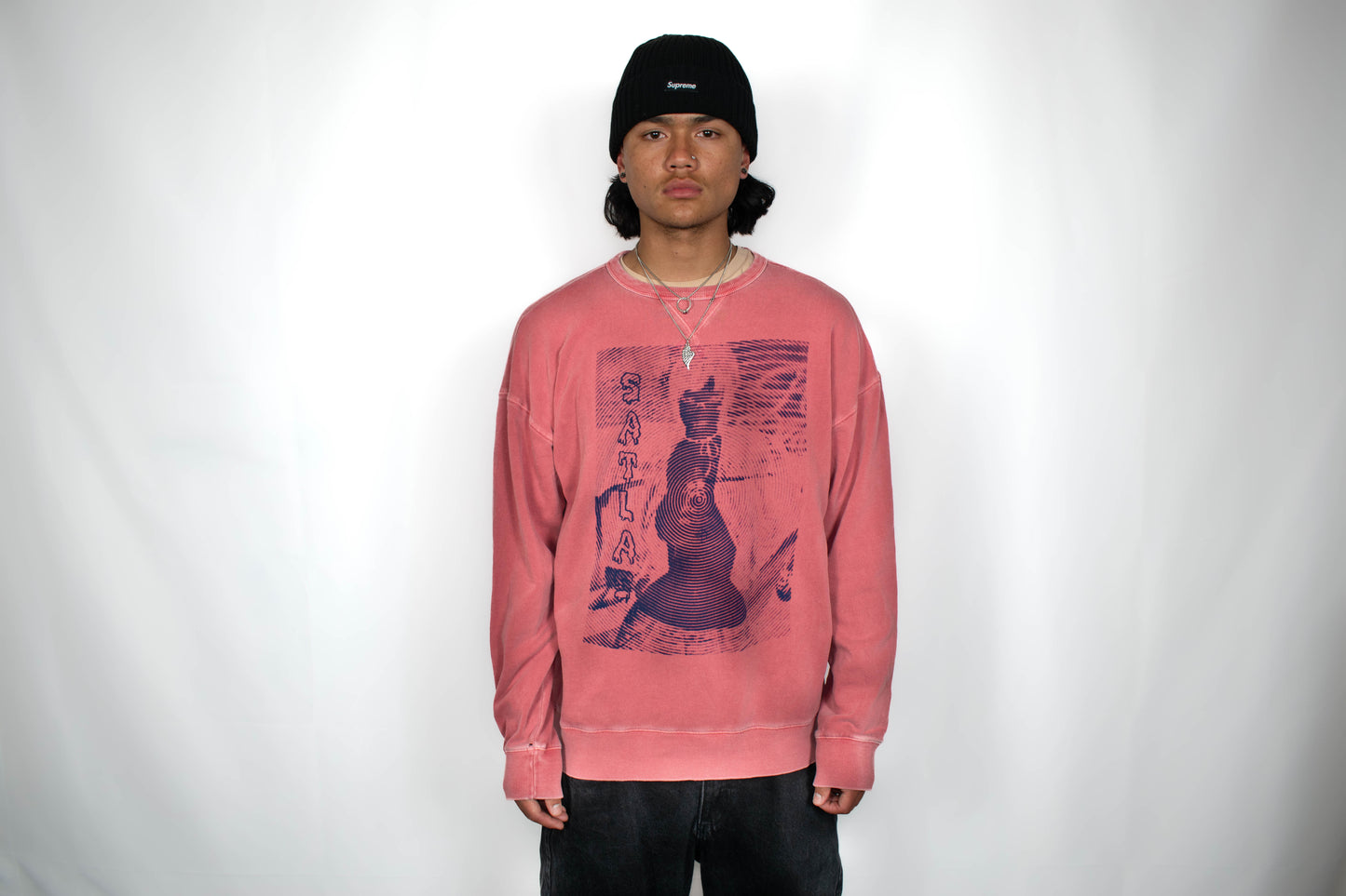 Satlas  Shawty design on crew neck navy blue ink Size L