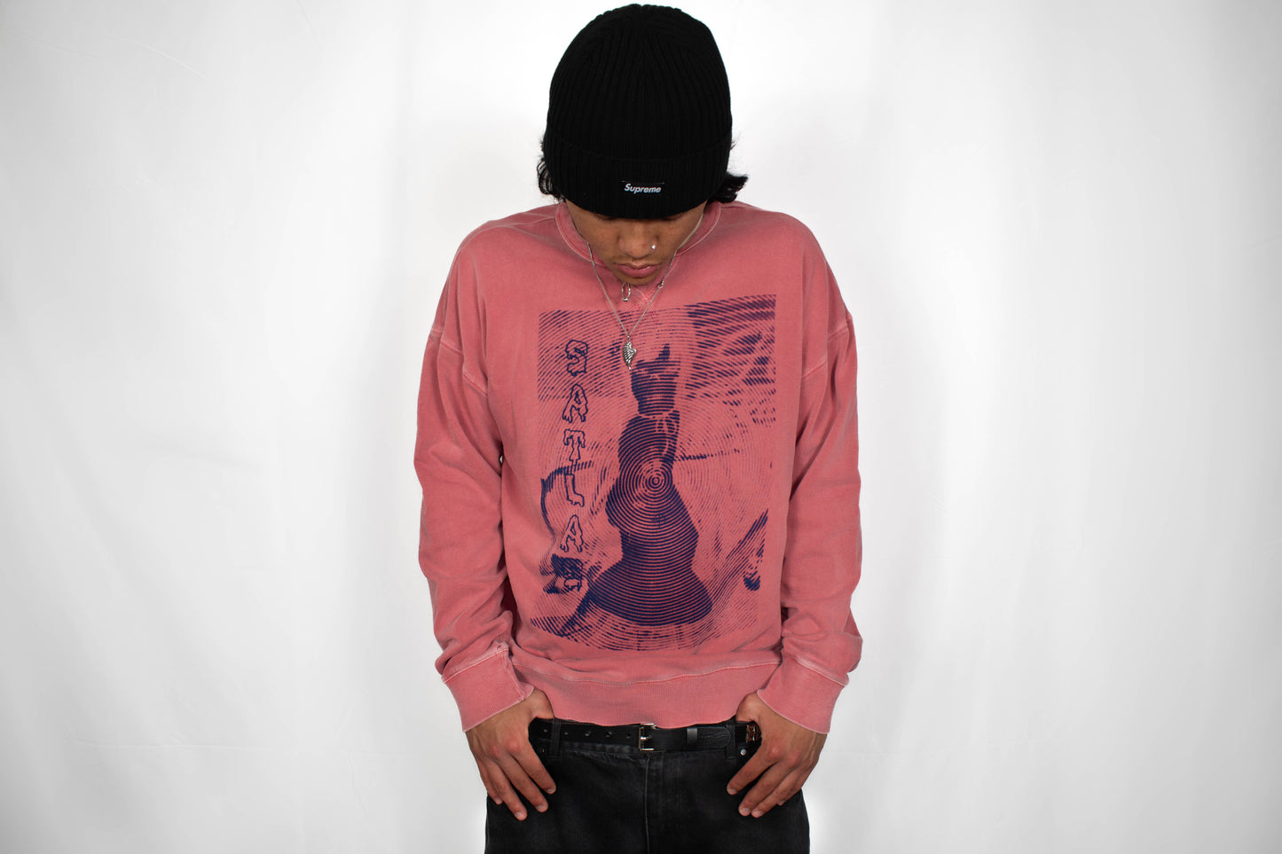 Satlas  Shawty design on crew neck navy blue ink Size L